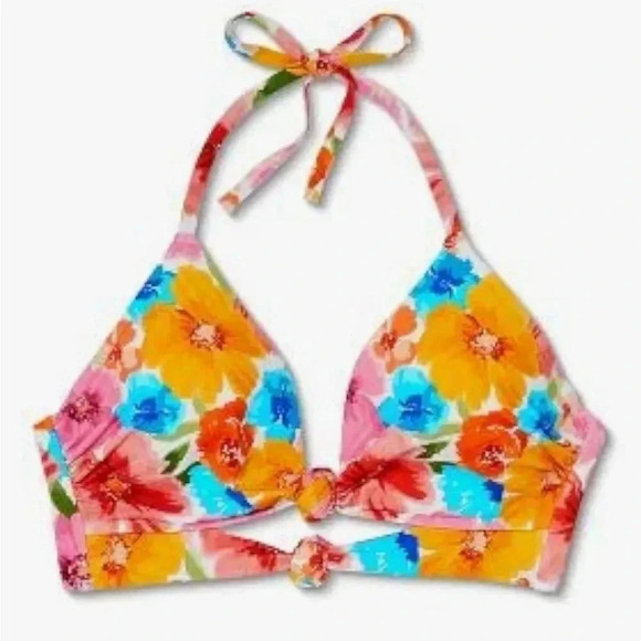 Shade & Shore  Lightly Lined Longline Double Knot-Front Bikini Top Floral size M - Picture 3 of 13